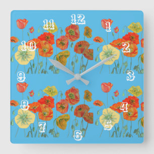 Rote Orange Mohnblume Wasserfarbe Pastell Blau Uhr