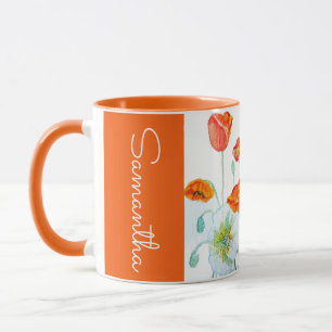 Rote Orange Mohnblumen-Aquarell-Frauen-Mohnblumen Tasse
