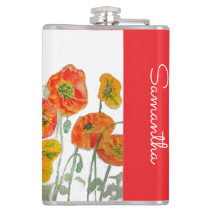 Rote Orange Mohnblumen-Aquarell-Frauenname Flachmann