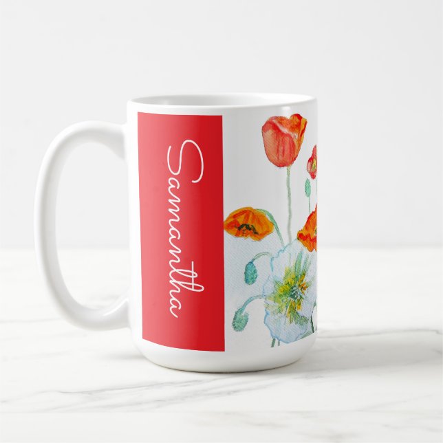 Rote Orange Mohnblumen Wasserfarbe Frauenvorname Kaffeetasse (Links)