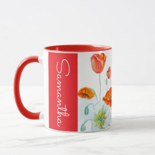 Rote Orange Mohnblumen Wasserfarbe Frauenvorname Tasse
