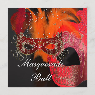 Rote Orange Schwarze Masken Maskenball-Party Einladung