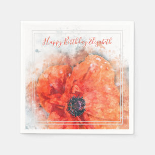Rote Orange Wasserfarbe Mohnblume Blume Geburtstag Serviette