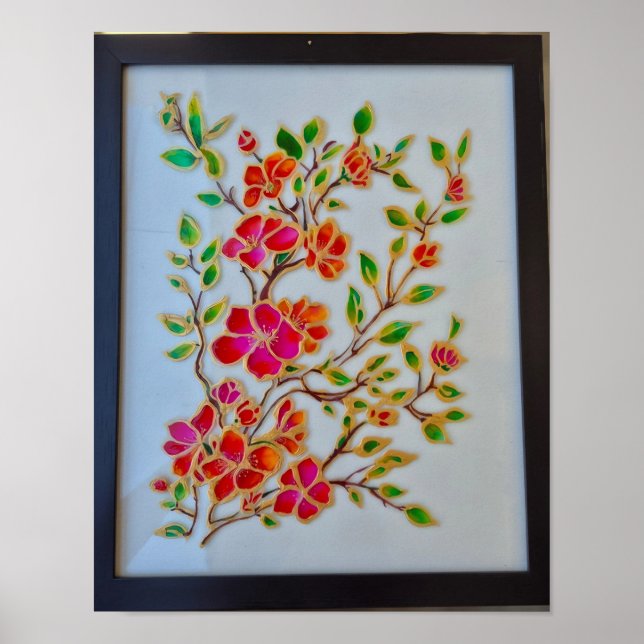 Rote Orangefarbene Blumen Glasmalerei Wandkunst Poster (Vorne)