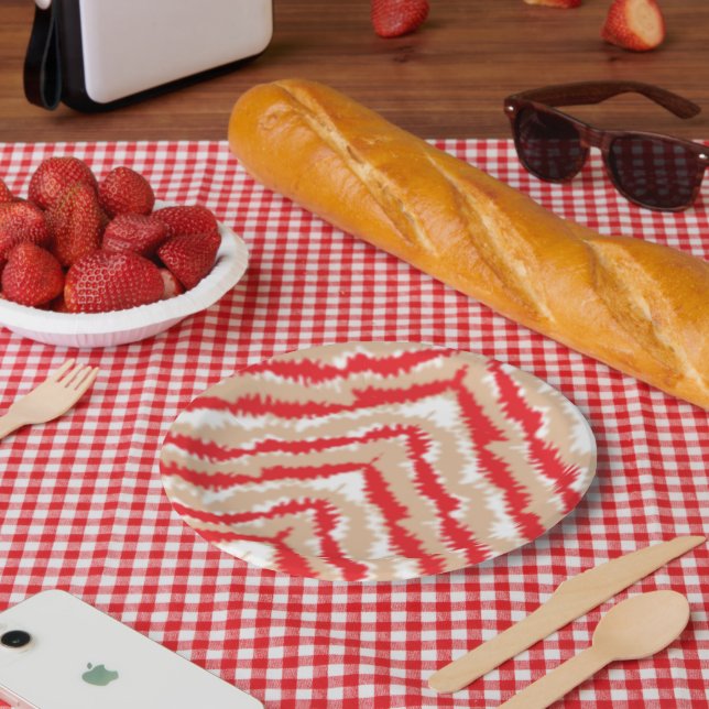 Rote, orangefarbene und rosa Texturmuster und Moti Pappteller (Picknick)