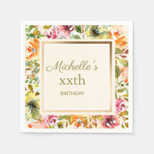 Rote Orangen Blumengrün Blätter Goldcreme Geburtst Serviette