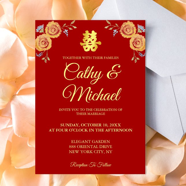 Rote Orangenblüte Chinesische Hochzeit doppeltes G Einladung (Traditional Chinese wedding invitation red invite orange watercolor flowers double happiness)