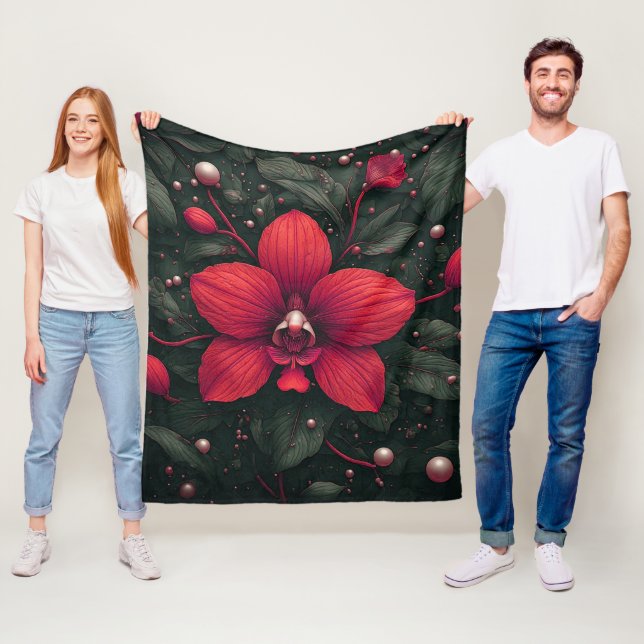 Rote Orchidee blüht mit grünen Blättern Fleecedecke (Beispiel)
