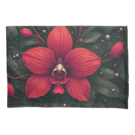 Rote Orchidee blüht mit grünen Blättern Kissenbezug