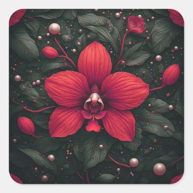 Rote Orchidee blüht mit grünen Blättern Quadratischer Aufkleber (Vorderseite)