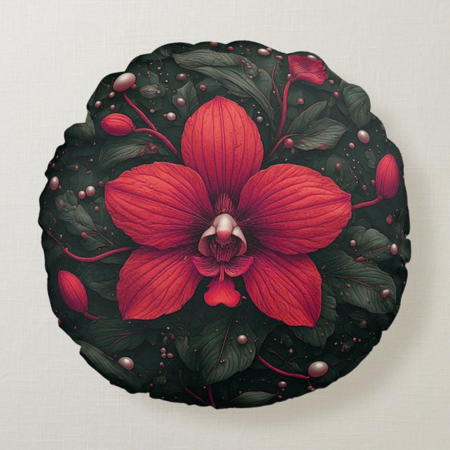 Rote Orchidee blüht mit grünen Blättern Rundes Kissen (Vorderseite)