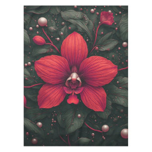 Rote Orchidee blüht mit grünen Blättern Tischdecke