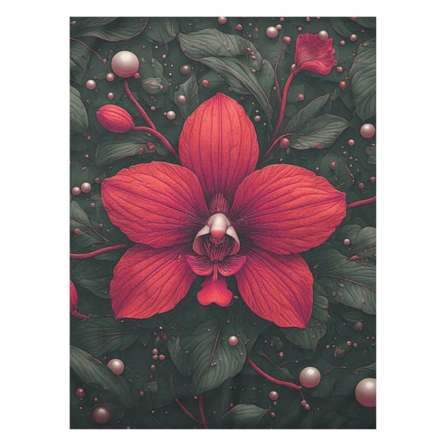 Rote Orchidee blüht mit grünen Blättern Tischdecke (Vorderseite)