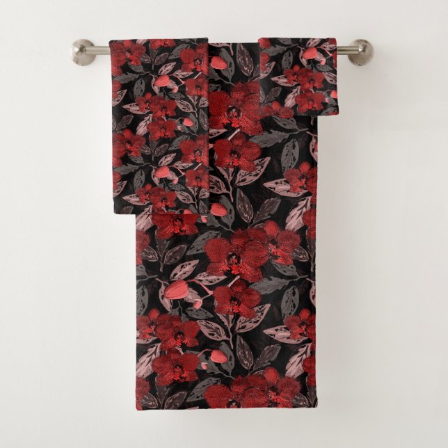 Rote Orchideen auf schwarz. Badhandtuch Set (Insitu)