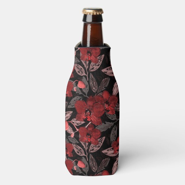 Rote Orchideen auf schwarz. Flaschenkühler (Flaschenvorderseite)