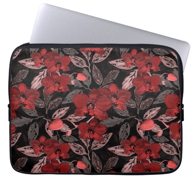 Rote Orchideen auf schwarz. Laptopschutzhülle (Vorderseite)