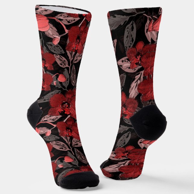 Rote Orchideen auf schwarz. Socken (Gewinkelt)