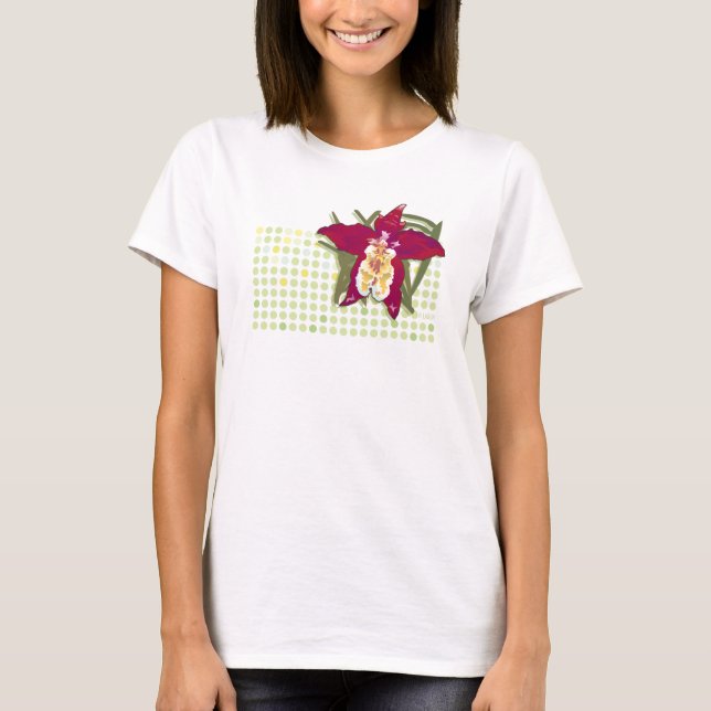 Rote Orchideen-Spaghetti-Bügel-Spitze T-Shirt (Vorderseite)