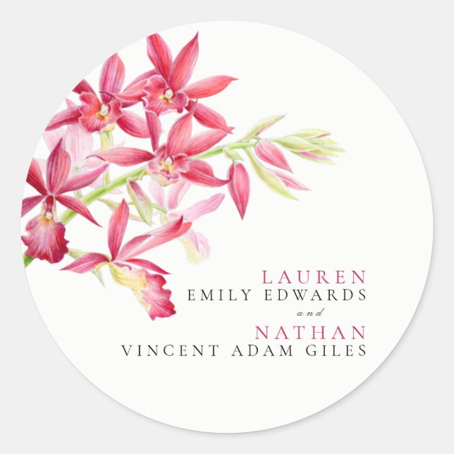 Rote Orchideenhochzeit Blume Aquarellfarben Runder Aufkleber (Vorderseite)