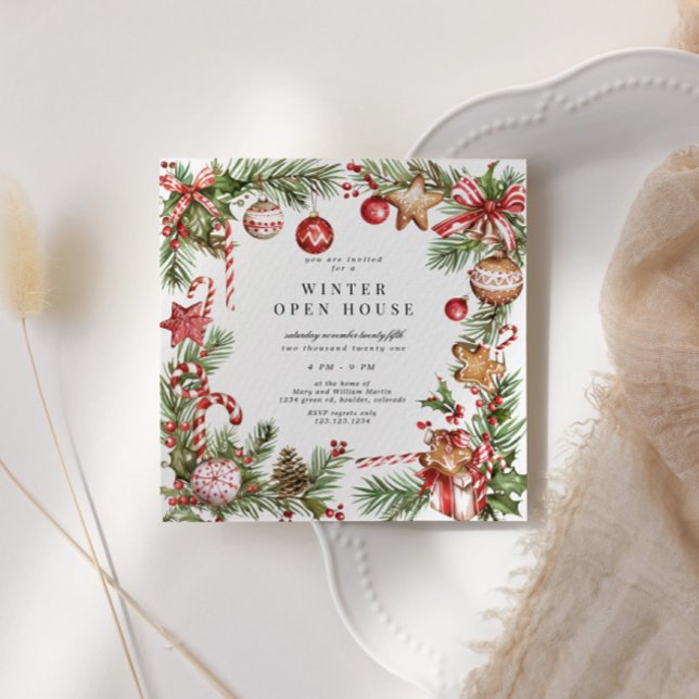 Rote Ornamente Grünes Border Square Open House Einladung (Von Creator hochgeladen)