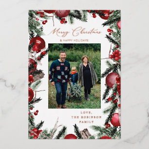 Rote Ornamente & Tannen-Frohe Weihnachten Foto Folieneinladung