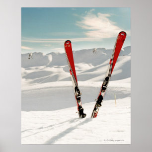 Rote Paare des Skis stehend im Schnee Poster