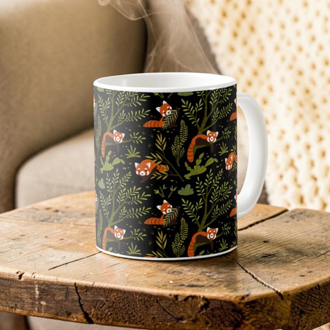 Rote Pandas im Waldschwarz Kaffeetasse (Cute red panda pattern mug in moody black botanical aesthetic, in a cozy rustic living room)