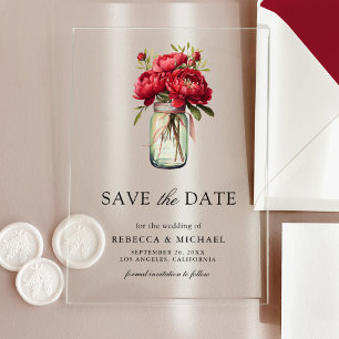 Rote Päonien-Blumen-Mason-Glas Hochzeit "Datum mer Acryleinladungen