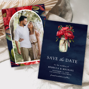 Rote Päonien-Blumen-Mason-Glas Hochzeitsfoto in Ma Save The Date