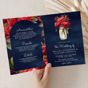 Rote Päonien-Blumen-Mason-Glas-QR-Code-Navy-Hochze Einladung