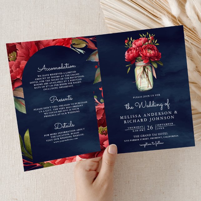 Rote Päonien-Blumen-Mason-Glas-QR-Code-Navy-Hochze Einladung (Von Creator hochgeladen)