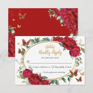Rote Päonien Blumen Schmetterlinge Quinceañera RSVP Karte