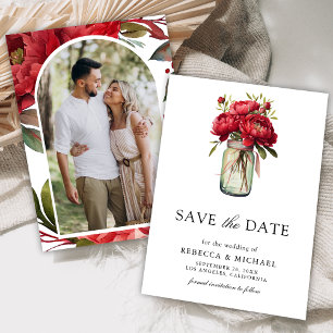 Rote Päonien Blumenglas Mason Jar Hochzeitsfoto Save The Date