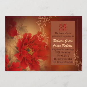 Rote Päonien-Doppelglück Chinesische Hochzeit Einladung
