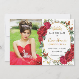 Rote Päonien Florale Schmetterlinge Quinceañera Fo Save The Date