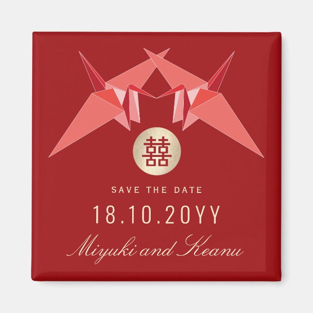 Rote Papierkran und doppeltes Glück Save the Date Magnet (Vorne)