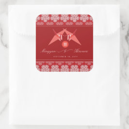 Rote Papierkran und Kirschblüten Asiatische Hochze Quadratischer Aufkleber