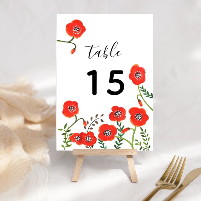 Rote Pappi Moderne Hochzeitsstimmung Tischnummer (Red poppies modern floral wedding table number)