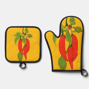 Rote Paprika am Rebstock Ofenhandschuh & Topflappen-Set