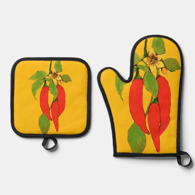 Rote Paprika am Rebstock Ofenhandschuh & Topflappen-Set (Vorderseite)