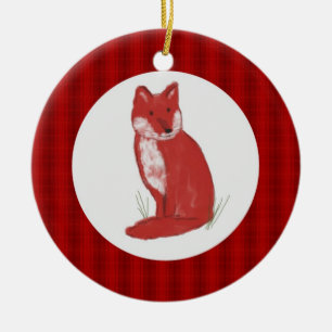Rote Pastellfox-Illustration und karierte Keramik Ornament