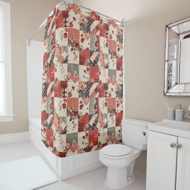 Rote Patchworkdecke Rustikal Floral Retro Duschvorhang (Beispiel)
