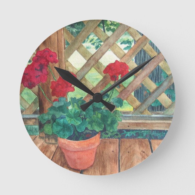 Rote Pelargonie Runde Wanduhr (Vorderseite)