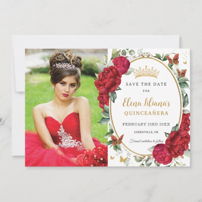 Rote Peonies Floral Butterfliegen Quinceañera Foto Save The Date (Vorderseite)