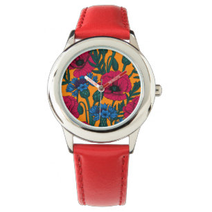 Rote Pfeffer und blaue Kornblumen auf Orange Armbanduhr