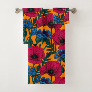 Rote Pfeffer und blaue Kornblumen auf Orange Badhandtuch Set