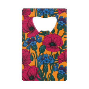 Rote Pfeffer und blaue Kornblumen auf Orange Geldbeutel Flaschenöffner