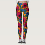 Rote Pfeffer und blaue Kornblumen auf Orange Leggings<br><div class="desc">Handgezeichnetes Vektormuster mit roten Mohnblumen und blauen Maisblumen</div>