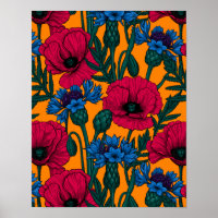 Rote Pfeffer und blaue Kornblumen auf Orange