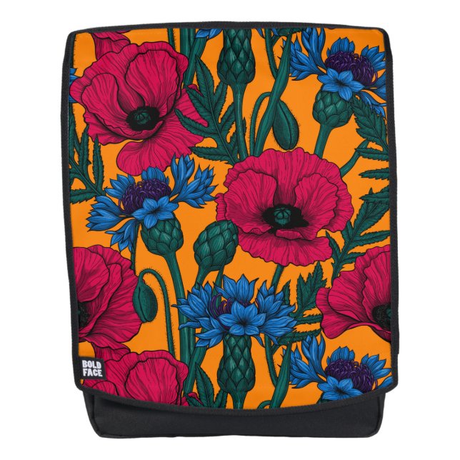 Rote Pfeffer und blaue Kornblumen auf Orange Rucksack (Vorderseite)